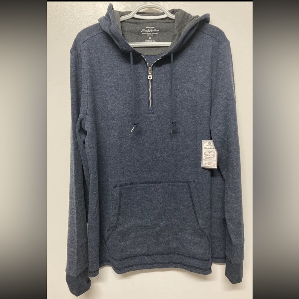 Flag & Anthem Men's Hoodie 1/4 Zip Up Hooded Pullover Sweater Medium Blue Pocket